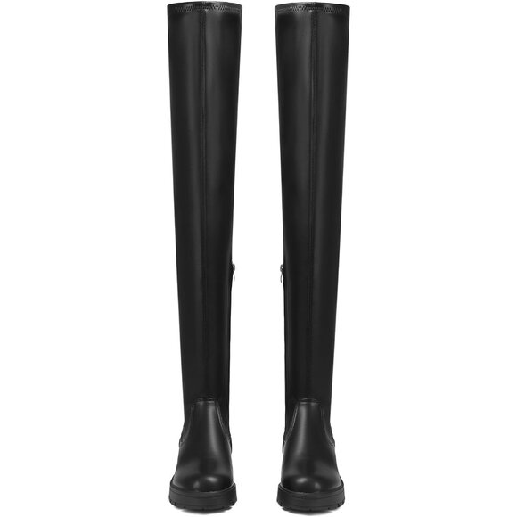 Womens Black Polyurethane (PU) Rounded Toe Chunky Heel Stretch Thigh High Boots - Picture 3 of 7
